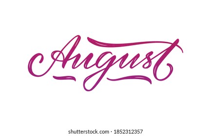 Vector illustration of August lettering for banner, signage, poster, greeting card, shop advertisement, souvenirs, calendar design. Handwritten purple isolated word with texture 
