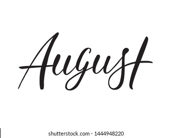 Vector illustration with August text. Handwritten modern calligraphy, black brush painted letters, lettering on white background. Template for calendar, dairy, poster or photo overlay. Summer month.