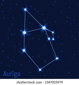 Vector illustration of Auriga constellation. Astronomical Charioteer. Cluster of realistic stars in the dark blue starry sky.