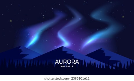 Vector illustration. Aurora borealis in the Arctic. Landscape background. Bright glow at night, starry sky. Design for background, banner, postcard, cover.