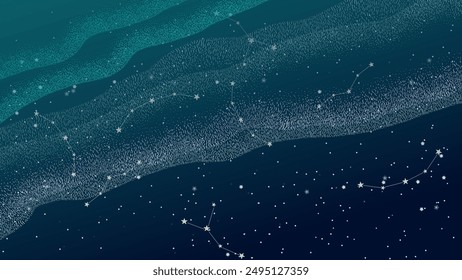 Eine Vektorillustration eines Nordlichtborealis am Nachthimmel, mit fließenden Grün- und Blaumustern mit Sternbildern und funkelnden Sternen, perfekt für Himmel, Kosmik und Astronomie