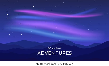 Vector illustration. Aurora landscape flat style design. Night starry sky with aurora borealis. Hills and mountains in foreground. Design for banner, wallpaper, invitation, greeting card.