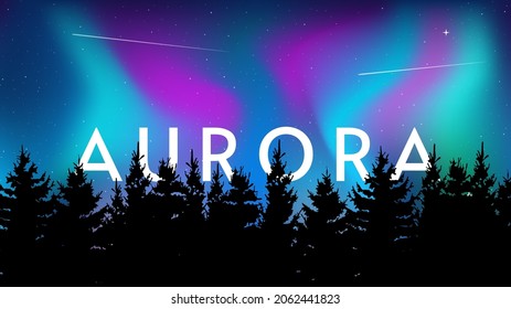 Vector illustration. Aurora landscape with silhouette forest. Flat cartoon concept. Abstract gradient landscape. Flat illustration on light backdrop. Adventure concept.