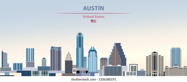 Vector illustration of Austin city skyline on colorful gradient beautiful day sky background with flag of United states