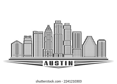 Vektorgrafik von Austin, einfarbiges horizontales Schild mit linearem Design berühmter Austin City-Landschaft, amerikanisches Konzept der urbanen Linie mit dekorativen Buchstaben für schwarzen Text auf weißem Hintergrund