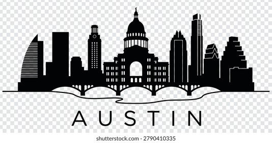 Vector illustration of the Austin, Texas skyline featuring the Texas State Capitol building and iconic skyscrapers, isolated on a white background.