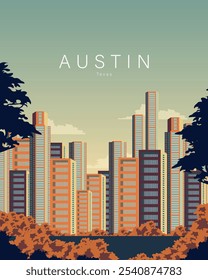 Ilustração vetorial. Austin, Texas. Cartaz de viagem, faixa, cartão postal. Capa. Design moderno. Turismo.