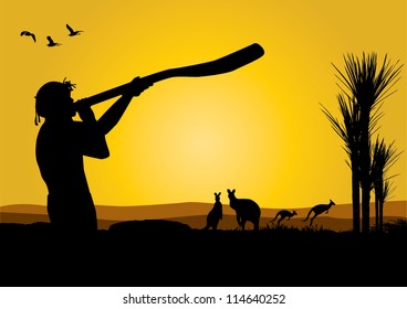 vector illustration of australia with an aboriginal man blowing  into a didjeridu  and kangaroos at dusk