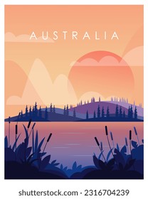 Vector illustration. Australia. Design for poster, banner, travel postcard. River background. lake background. Cover design.