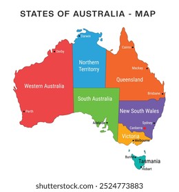 Ilustração vetorial do mapa da Austrália, estados administrativos - cidades de territórios, desenho vetorial do mapa da Austrália, mapa de cores australiano, fronteiras geográficas, mapa político da Austrália, EPS 10 imagem vetorial