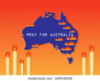 Vector illustration of Australia map and forest fire, candles with pray for Australia text.