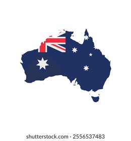 Vector illustration of Australia map overlaid with the national flag, highlighting the country's geographic outline combined with its national colors.