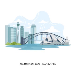 Ilustración vectorial Australia horizonte y punto de referencia. Viaje a Australia, ilustración publicitaria, banner itinerante. Paisaje urbano de Australia con monumentos. Ilustración del vector en estilo plano