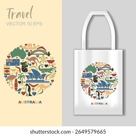 Vector illustration of Australia symbols with tote bag mockup ideal for travel and souvenir designs