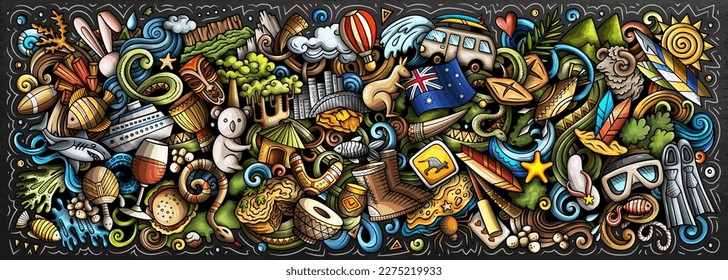 Vektorgrafik mit Australien Thema-Doodles. Lebhaftes und auffallendes Banner-Design, das die Essenz der australischen Kultur und Traditionen durch spielerische Cartoon-Symbole erfasst