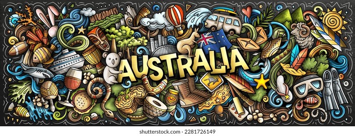 Ilustración vectorial con doodles temáticos de Australia. Diseño de pancartas vibrante y llamativo, que capturan la esencia de la cultura y las tradiciones australianas a través de símbolos de dibujos animados juguetones