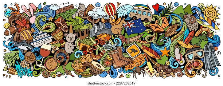 Vector illustration with Australia theme doodles. Vibrant and eye-catching banner design, capturing the essence of Australian culture and traditions through playful cartoon symbols