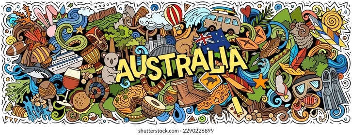 Vector illustration with Australia theme doodles. Vibrant and eye-catching banner design, capturing the essence of Australian culture and traditions through playful cartoon symbols