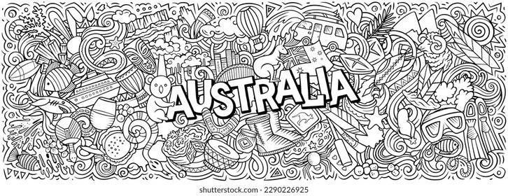 Vector illustration with Australia theme doodles. Hand drawn and eye-catching banner design, capturing the essence of Australian culture and traditions through playful cartoon symbols