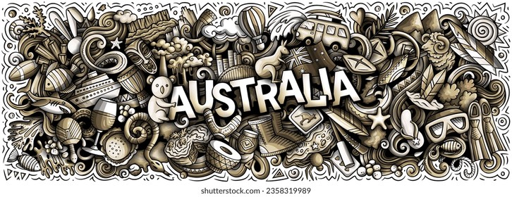Vector illustration with Australia theme doodles. Toned banner design, capturing the essence of Australian culture and traditions through playful cartoon symbols