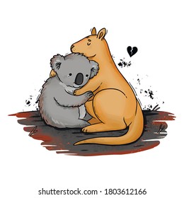 Ilustración vectorial animales australianos canguro y koala en el fuego