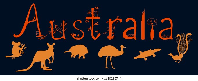 Vector illustration of Australian animals and word Australia. Kangaroo, koala, lyre bird, platypus, echidna, bottle tree in orange-fire colour. 