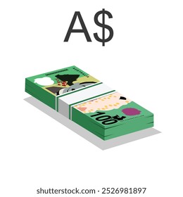  Ilustración vectorial de billetes de dólar australiano, una sola pila de dinero de diseño plano sobre fondo blanco. EPS escalable y editable