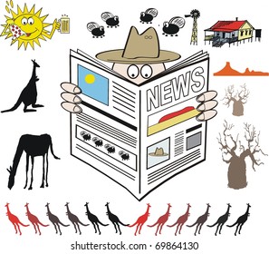 Vector illustration of Australian farmer reading newspaper with outback background.