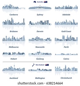 vector illustration of Australian and New Zealand skylines with water reflections in tints of blue color palette. Map and flag of Australia and New Zealand.