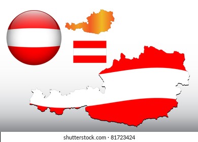 Vector illustration of Austria map and glossy ball with flag pattern