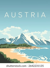 Vector illustration. Austria, poster, banner, postcard, cover. Modern design. Nature, mountains.