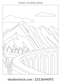 Ilustración vectorial. Austria, libro de colorear viajes, para niños y para adultos. Alpes, ferrocarril, coloración de montañas, antiestrés. Libro de colorantes en blanco y negro.