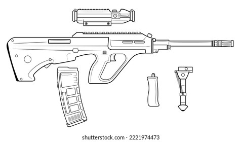 Vector illustration of an Austrian automatic rifle in a bullpup arrangement with a picatinny rail and accessories such as a bipod, magazine, scope on a white background.