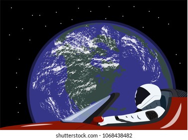 Vector illustration of austronaut sitting in a car orbiting the Earth