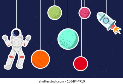 vector illustration of austronaut, spaceship and planets. cute stickers for world astronauts day 