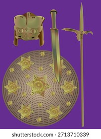   Ilustração vetorial de autênticas armas chinesas antigas do 1º milênio a.C. Possui um capacete de couro reforçado com placas de bronze, escudo de rotim reforçado com placa de bronze em forma de estrela