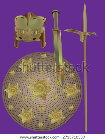   Vector illustration of authentic ancient Chinese weapons from the 1st millennium BC. Features a leather helmet reinforced with bronze plates, rattan shield strengthened with star-shaped bronze plate