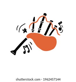 Vector illustration of authentic Scottish bagpipes hand drawn in minimalist flat style with black and orange colors playing traditional loud music amidst abstract notes and ornaments