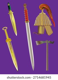 Ilustração vetorial de armas autênticas dos sármatas - antigos povos nômades que habitaram a vasta estepe eurasiática dos Montes Urais ao Danúbio nos séculos VII-IV a.C.. Inclui d