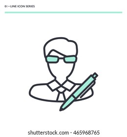 Vector illustration of authors rights icon. Mono color image of writer with pen. Symbol in modern thin line design. Eps10 format sign for web graphics. Isolated on white background.