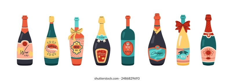 Vector illustration of the author's sets of wines: various varieties with labels in exquisite bottles, to depict luxury in the design associated with drinks.
