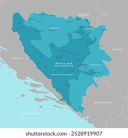 Ilustração vetorial com visão dos autores. Mapa administrativo simplificado da Bósnia e Herzegovina. Fronteira com os Estados mais próximos Sérvia, Croácia, etc. Fundo azul dos mares. Nomes de cidades e regiões