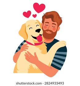 Vector illustration authors work with kind man hugs dog and relaxing friendship of kid and pet isolated on white background