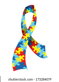 A vector illustration of an Autism Awareness Ribbon made with a symbolic jigsaw puzzle pattern in autism colors. EPS 10.