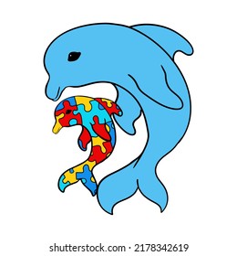 Vector illustration of autism symbol. Dolphin with a child with autism as a blank for designers, logo, icon, print, mocap. World Autism Awareness Day. 2 April. Autism symbol. Flat style.