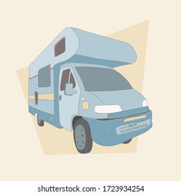 Vektorgrafik-Automobil-Camper. das Konzept des Reisens in einem Wohnmobil; Campen; Autofahrt. Pastellfarben; schlichter Flachstil.