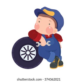 Vector Illustration of Auto Mechanic with Wheel isolated on white background