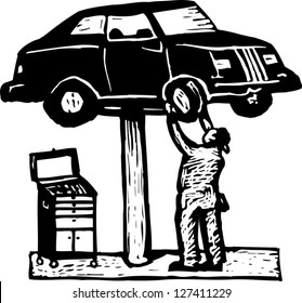 Vector illustration of auto mechanic working on car on lift