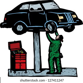 Vector illustration of auto mechanic working on car on lift