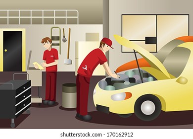 A vector illustration of auto mechanic working on a car